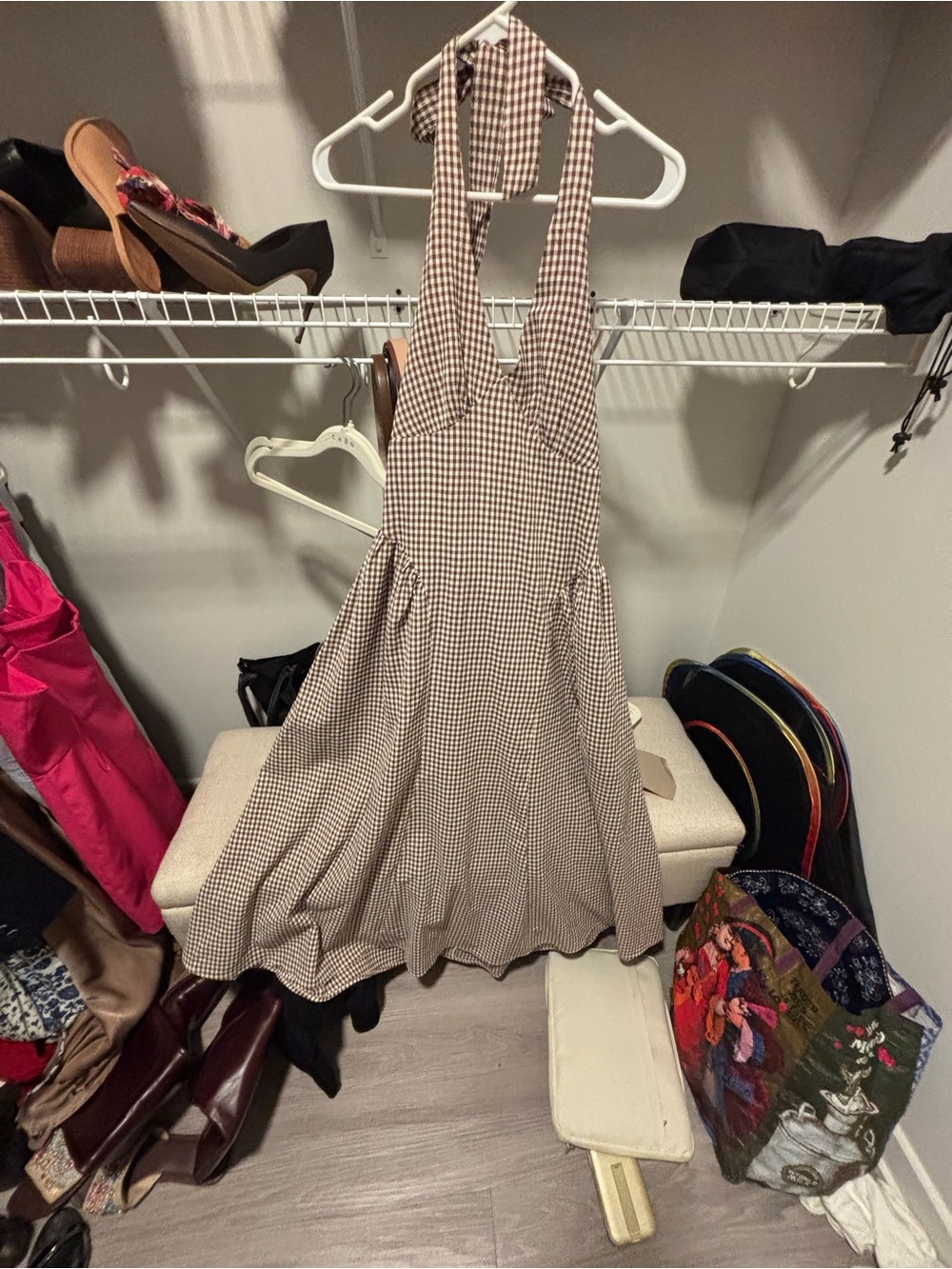 Halter Gingham Midi Dress in Brown and Cream